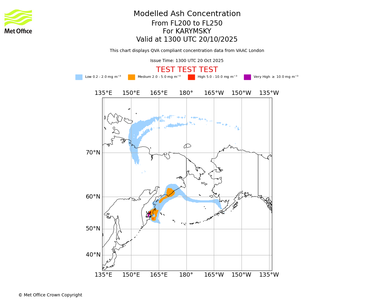 Modelled ash concentration from 200 to 250 for KARYMSKY. Valid at 1300 UTC 20/10/2025