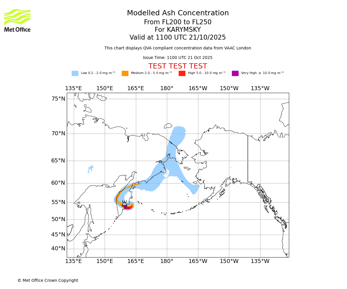 Modelled ash concentration from 200 to 250 for KARYMSKY. Valid at 1100 UTC 21/10/2025
