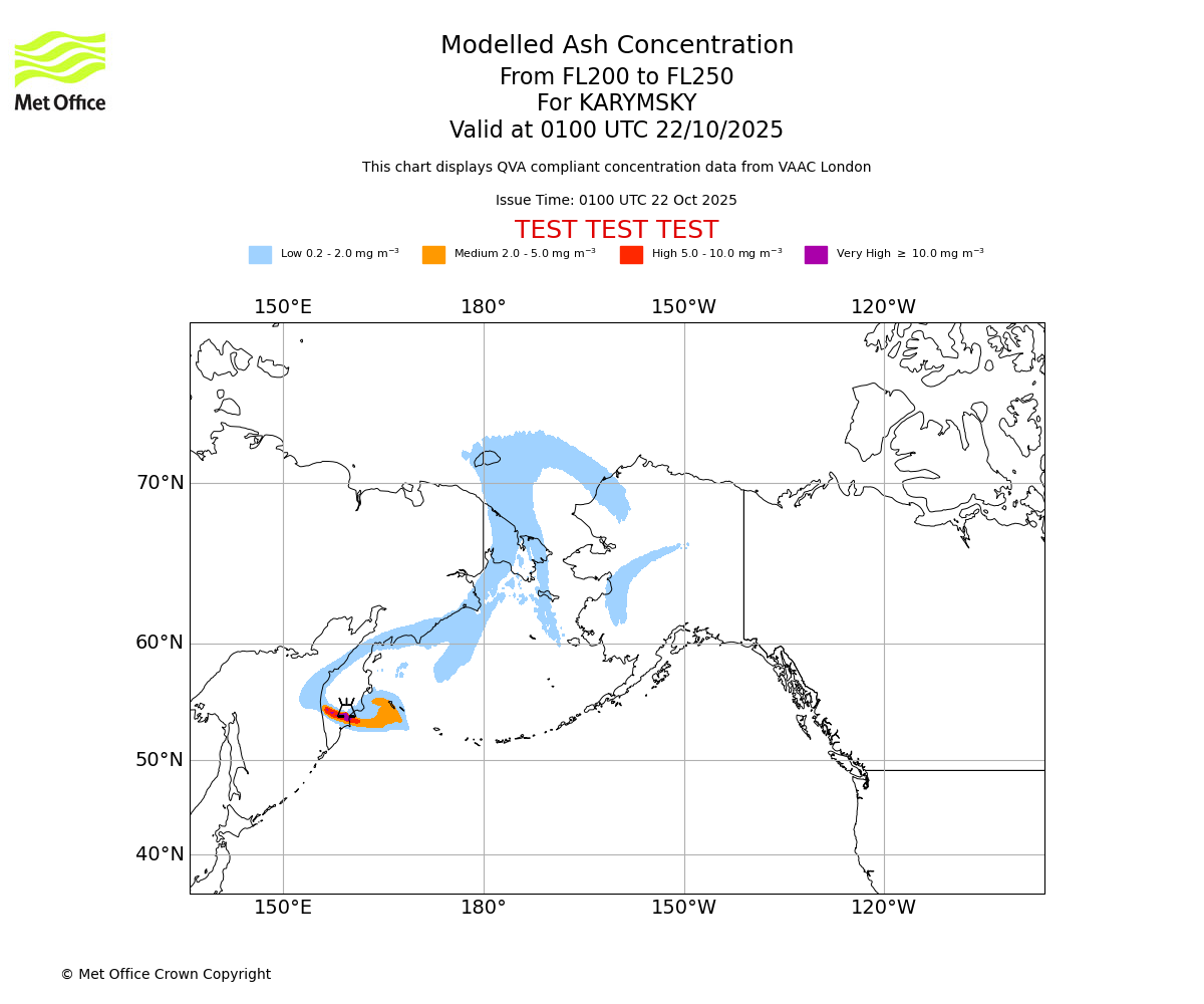 Modelled ash concentration from 200 to 250 for KARYMSKY. Valid at 0100 UTC 22/10/2025