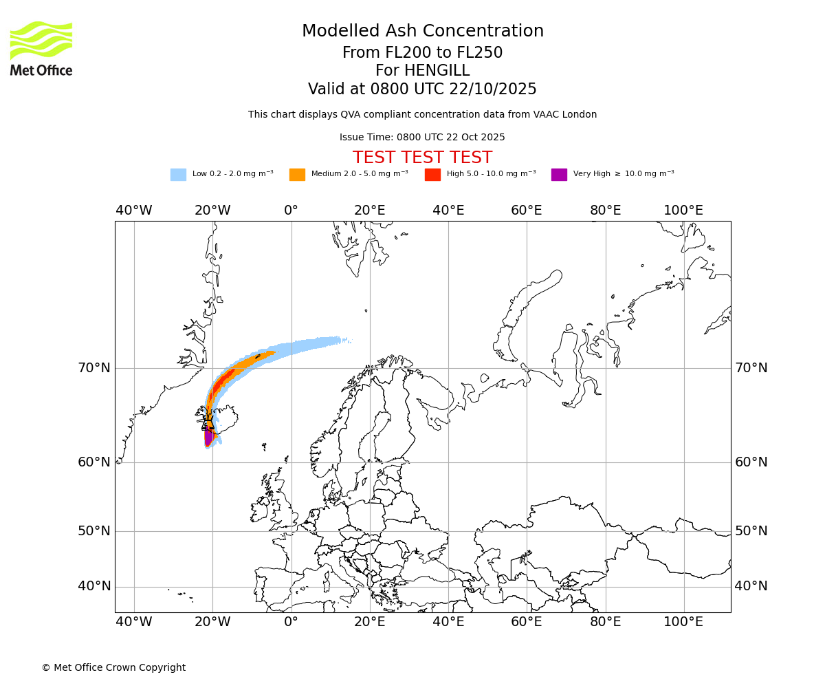 Modelled ash concentration from 200 to 250 for HENGILL. Valid at 0800 UTC 22/10/2025