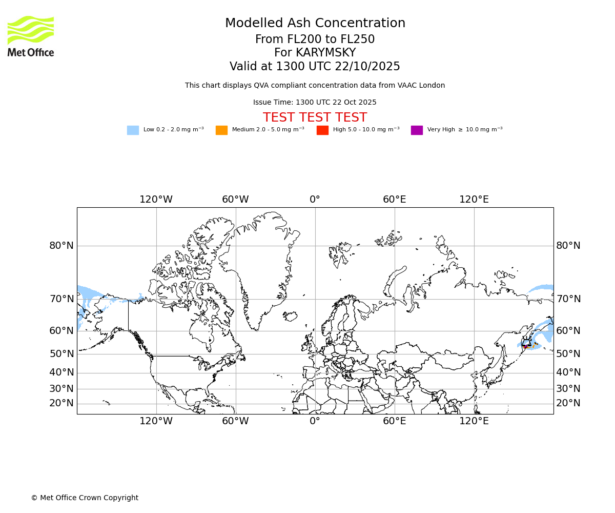 Modelled ash concentration from 200 to 250 for KARYMSKY. Valid at 1300 UTC 22/10/2025
