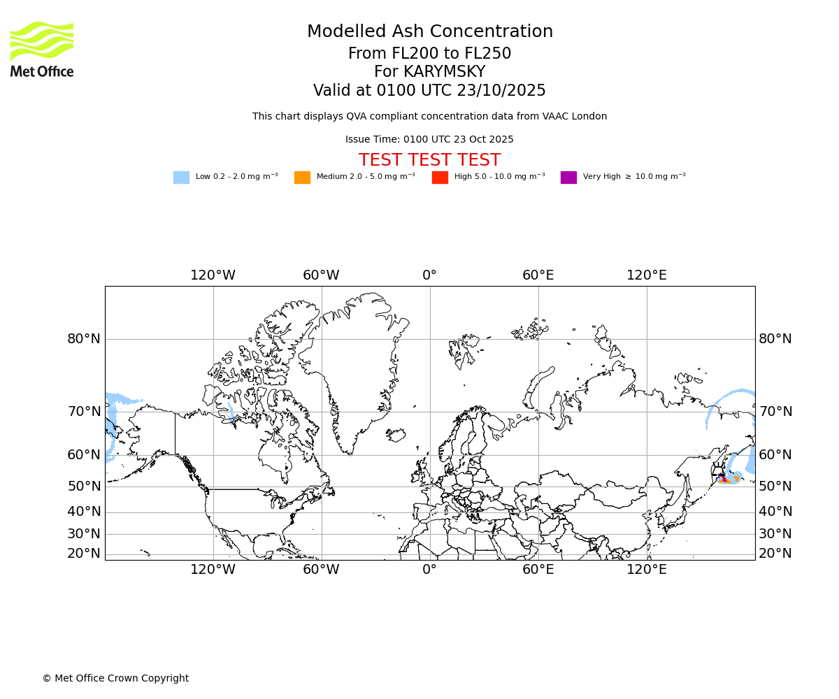 Modelled ash concentration from 200 to 250 for KARYMSKY. Valid at 0100 UTC 23/10/2025