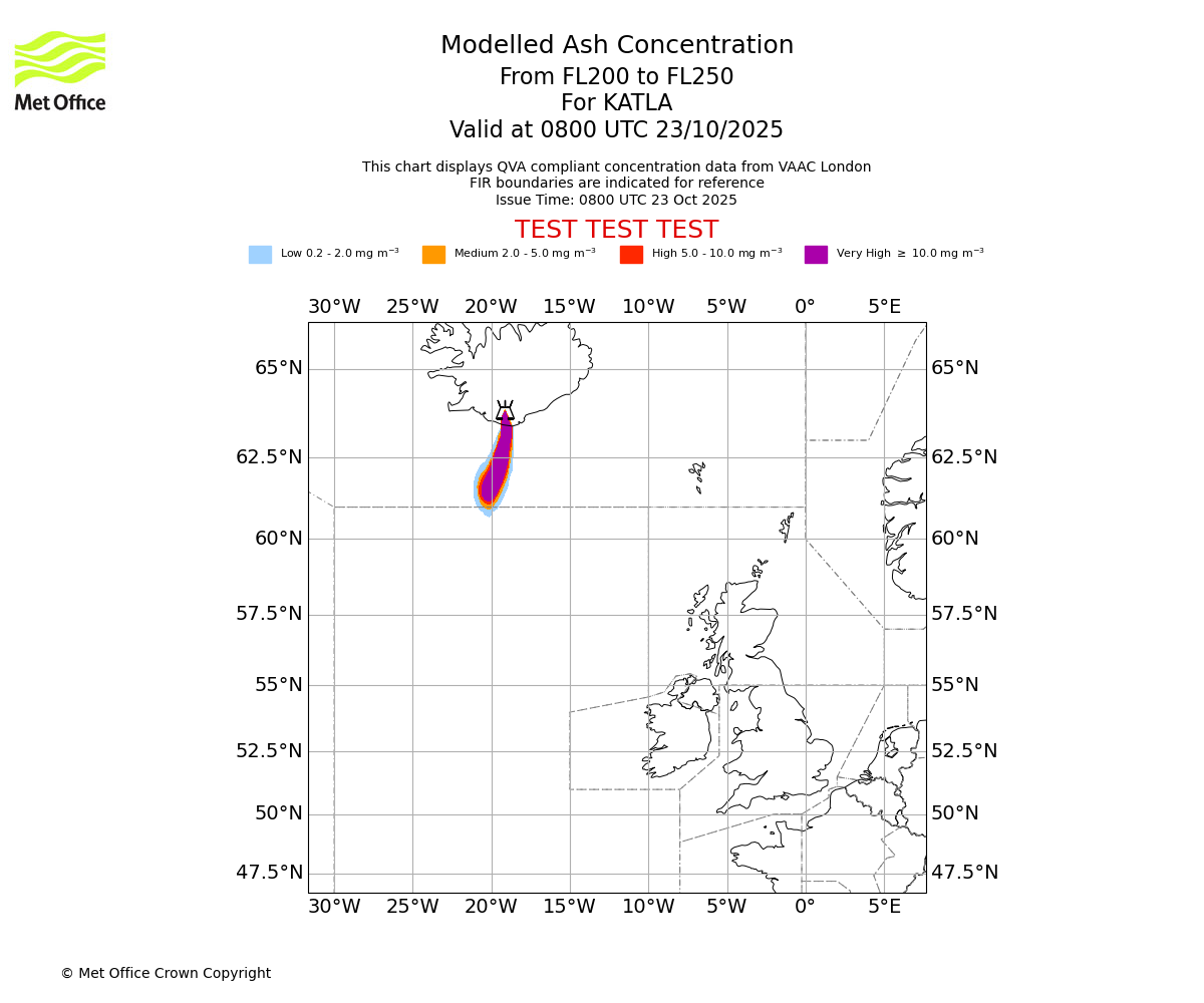 Modelled ash concentration from 200 to 250 for KATLA. Valid at 0800 UTC 23/10/2025