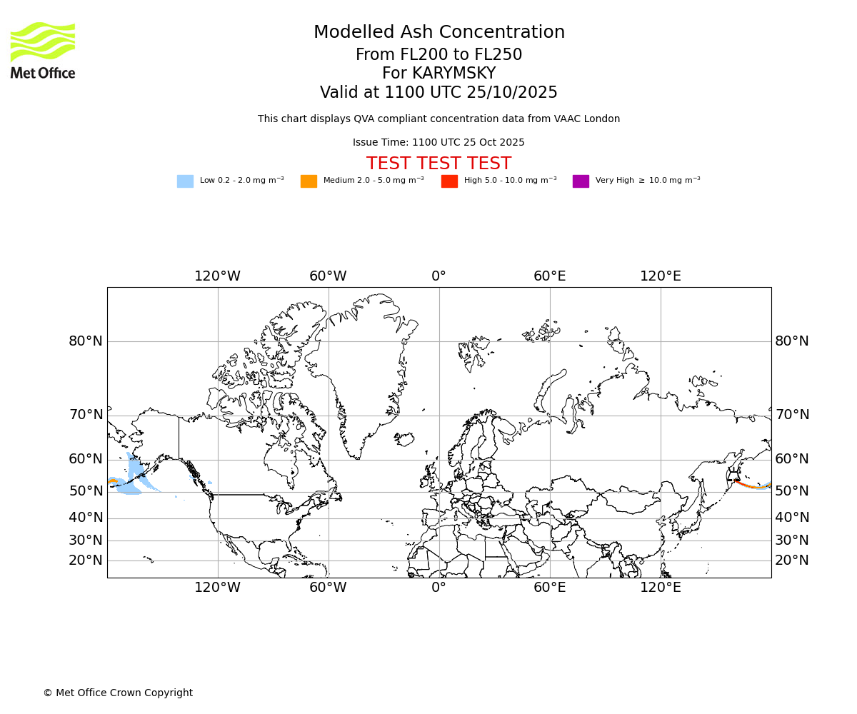 Modelled ash concentration from 200 to 250 for KARYMSKY. Valid at 1100 UTC 25/10/2025