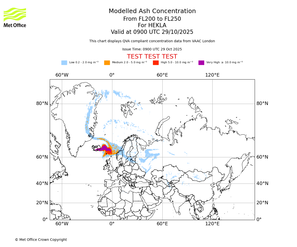 Modelled ash concentration from 200 to 250 for HEKLA. Valid at 0900 UTC 29/10/2025