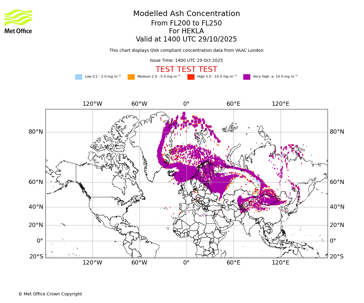 Modelled ash concentration from 200 to 250 for HEKLA. Valid at 1400 UTC 29/10/2025
