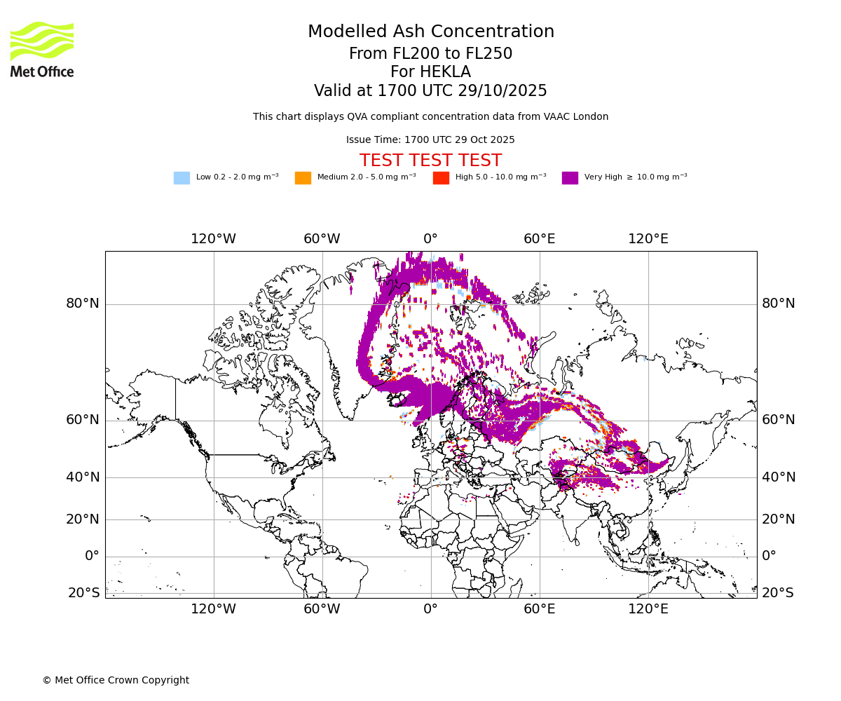 Modelled ash concentration from 200 to 250 for HEKLA. Valid at 1700 UTC 29/10/2025