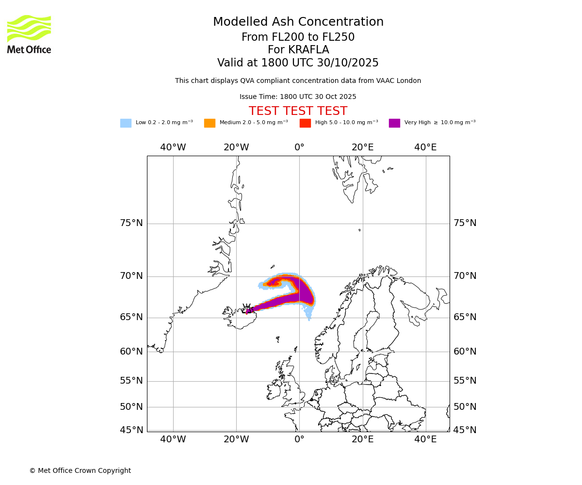 Modelled ash concentration from 200 to 250 for KRAFLA. Valid at 1800 UTC 30/10/2025