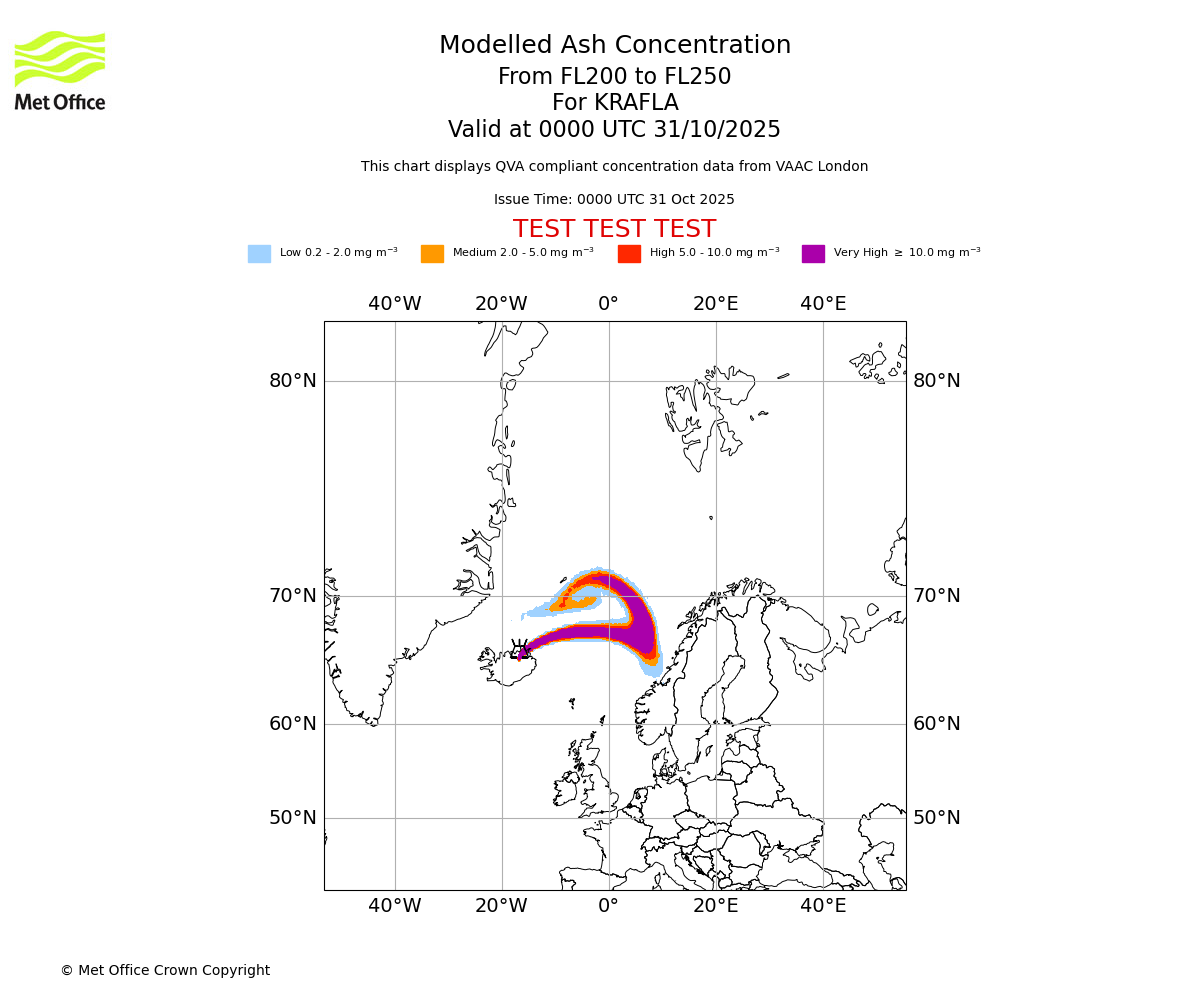 Modelled ash concentration from 200 to 250 for KRAFLA. Valid at 0000 UTC 31/10/2025