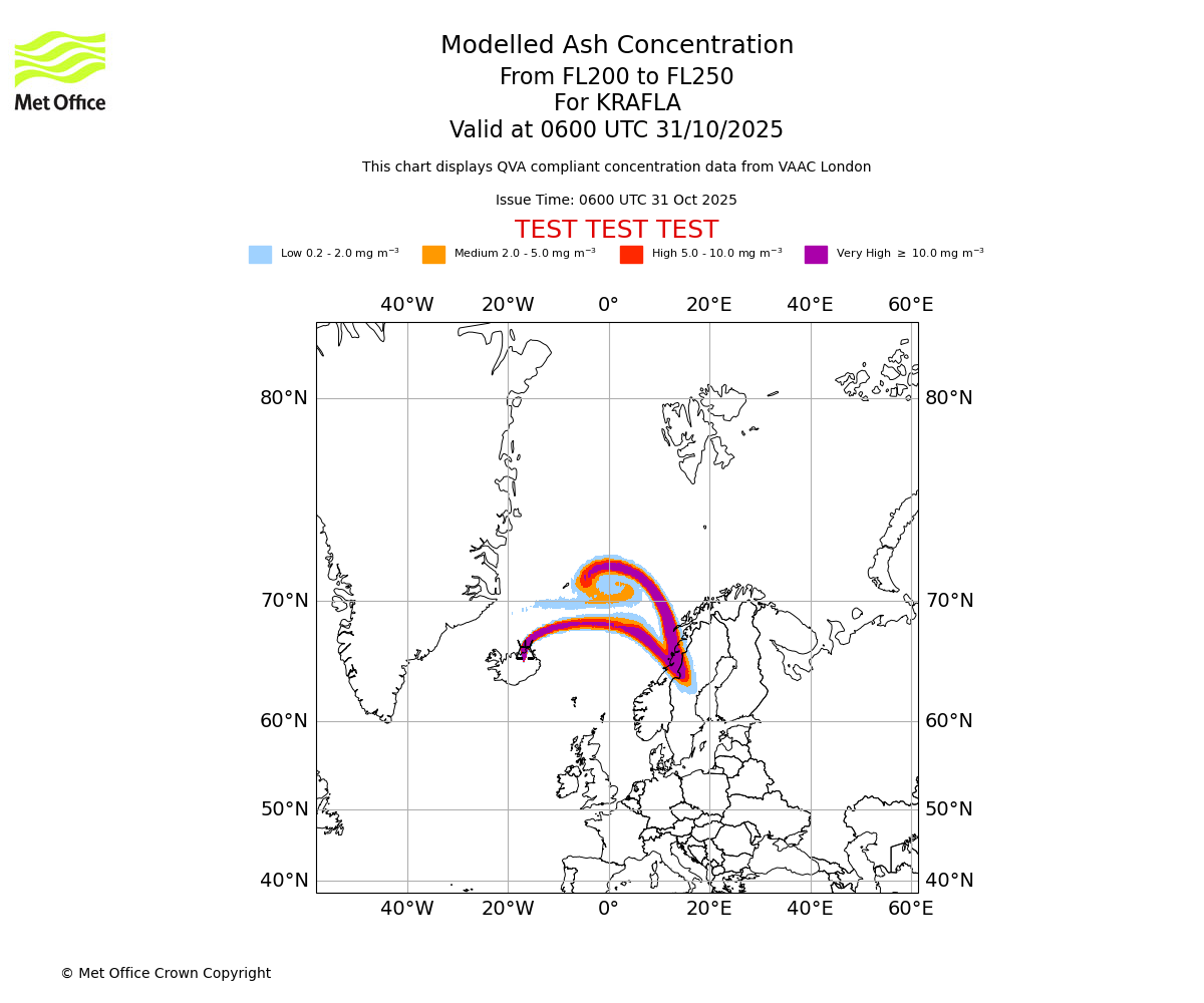Modelled ash concentration from 200 to 250 for KRAFLA. Valid at 0600 UTC 31/10/2025