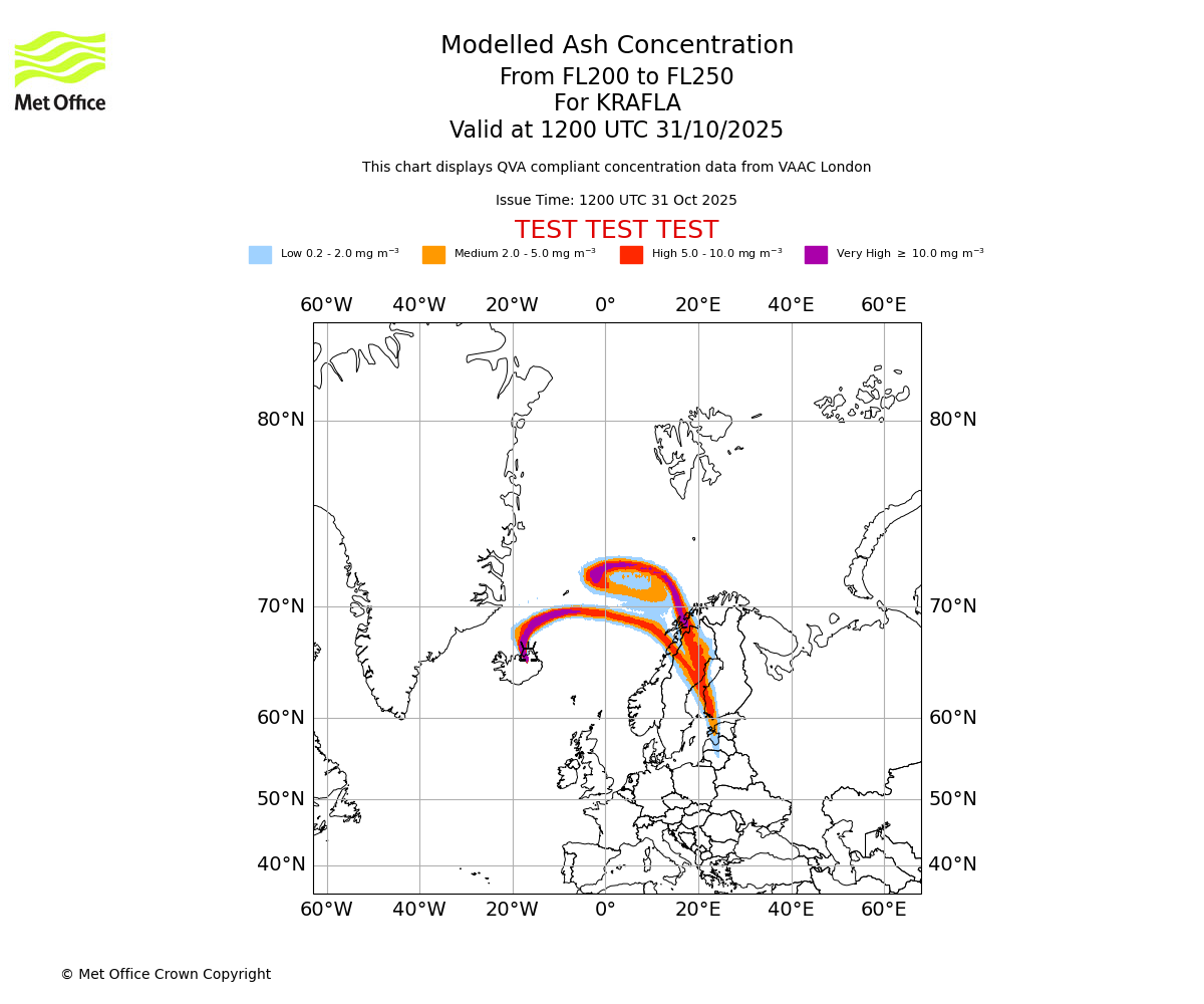 Modelled ash concentration from 200 to 250 for KRAFLA. Valid at 1200 UTC 31/10/2025