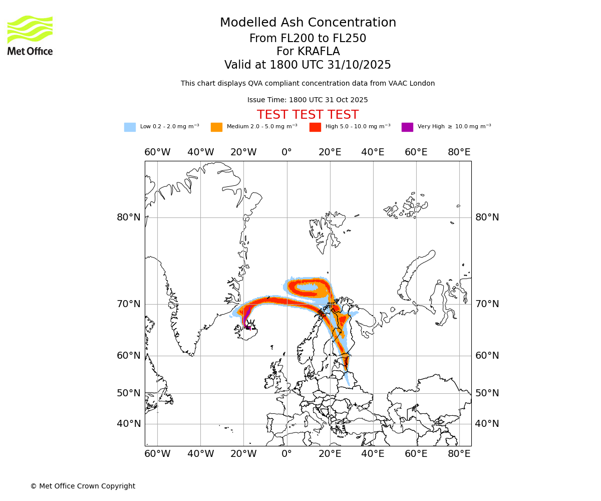 Modelled ash concentration from 200 to 250 for KRAFLA. Valid at 1800 UTC 31/10/2025