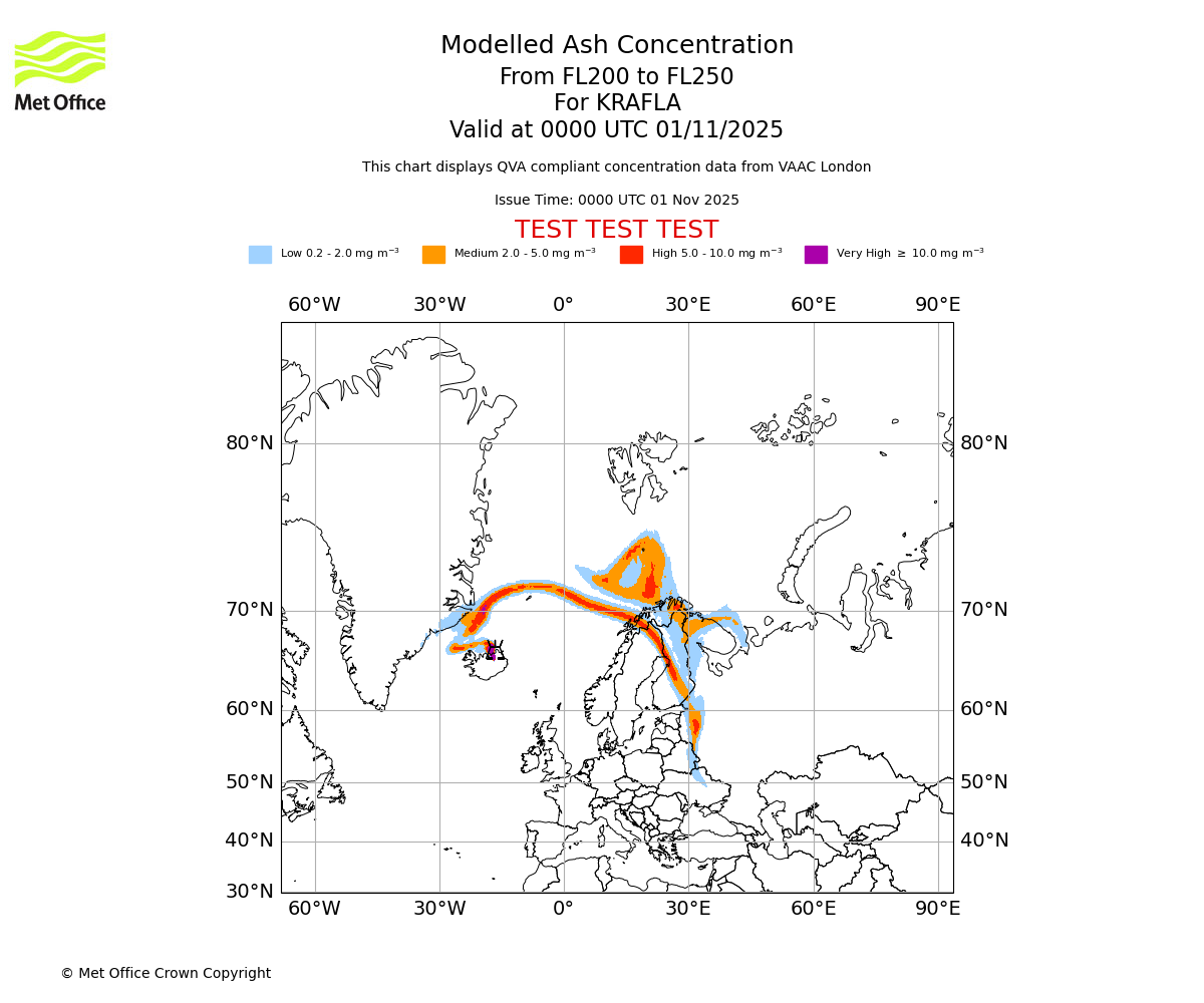 Modelled ash concentration from 200 to 250 for KRAFLA. Valid at 0000 UTC 01/11/2025