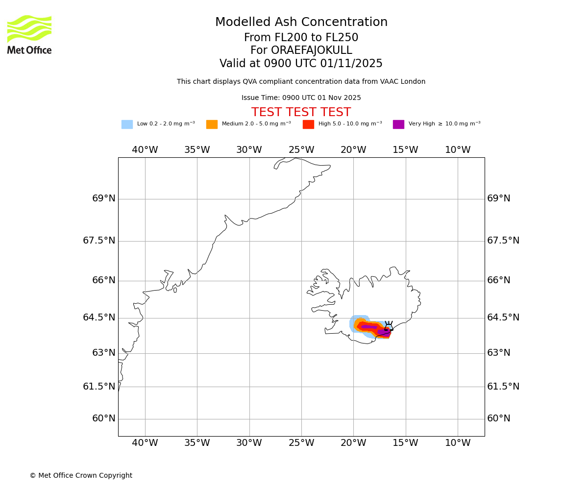 Modelled ash concentration from 200 to 250 for ORAEFAJOKULL. Valid at 0900 UTC 01/11/2025