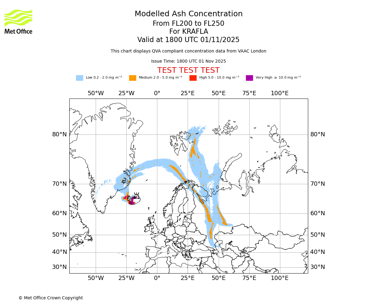 Modelled ash concentration from 200 to 250 for KRAFLA. Valid at 1800 UTC 01/11/2025