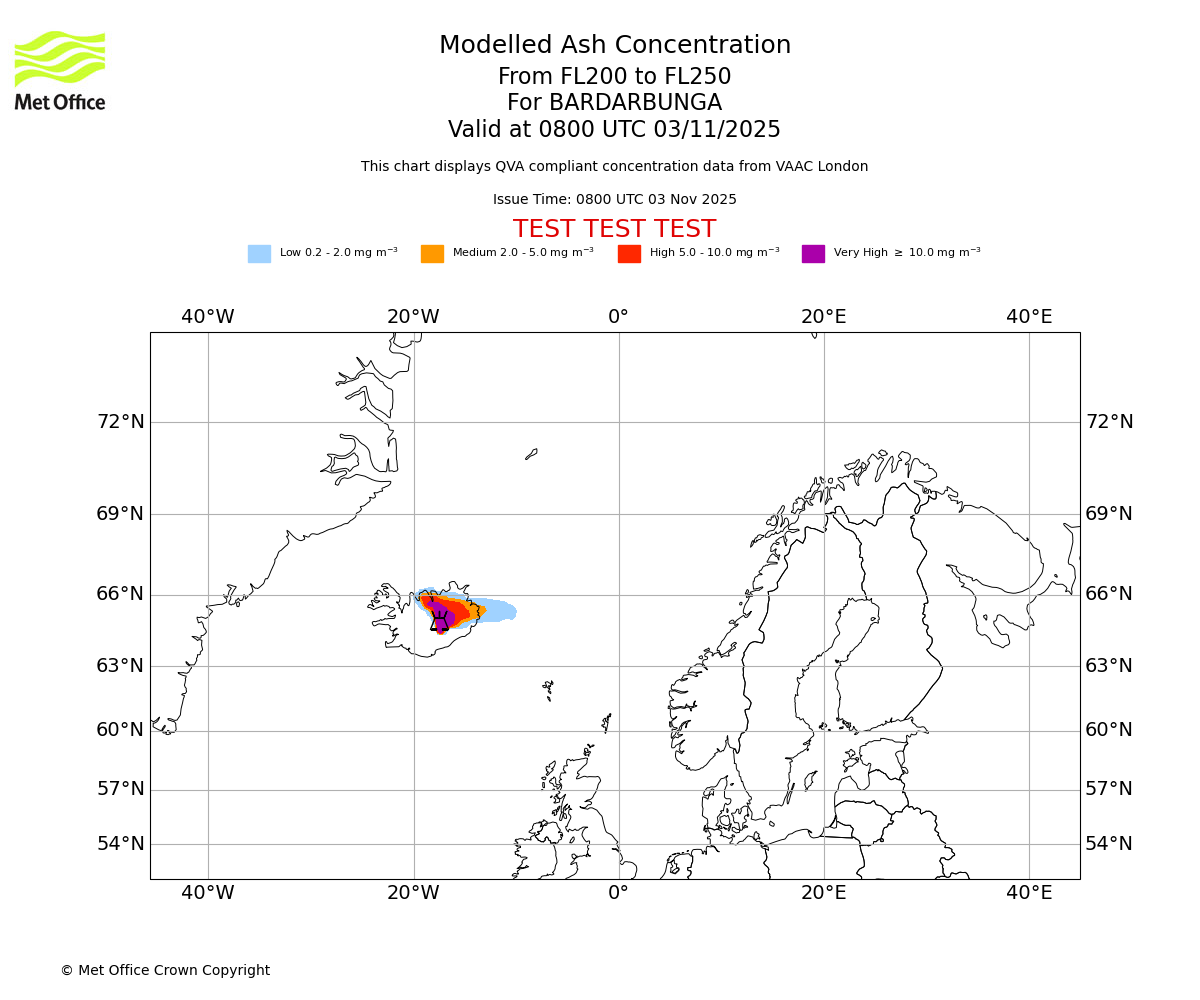 Modelled ash concentration from 200 to 250 for BARDARBUNGA. Valid at 0800 UTC 03/11/2025