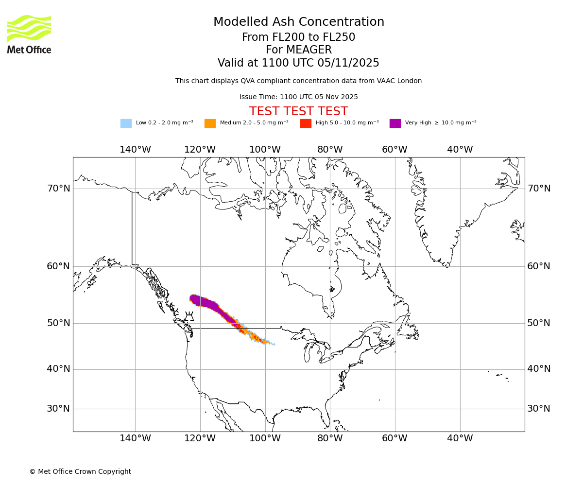 Modelled ash concentration from 200 to 250 for MEAGER. Valid at 1100 UTC 05/11/2025