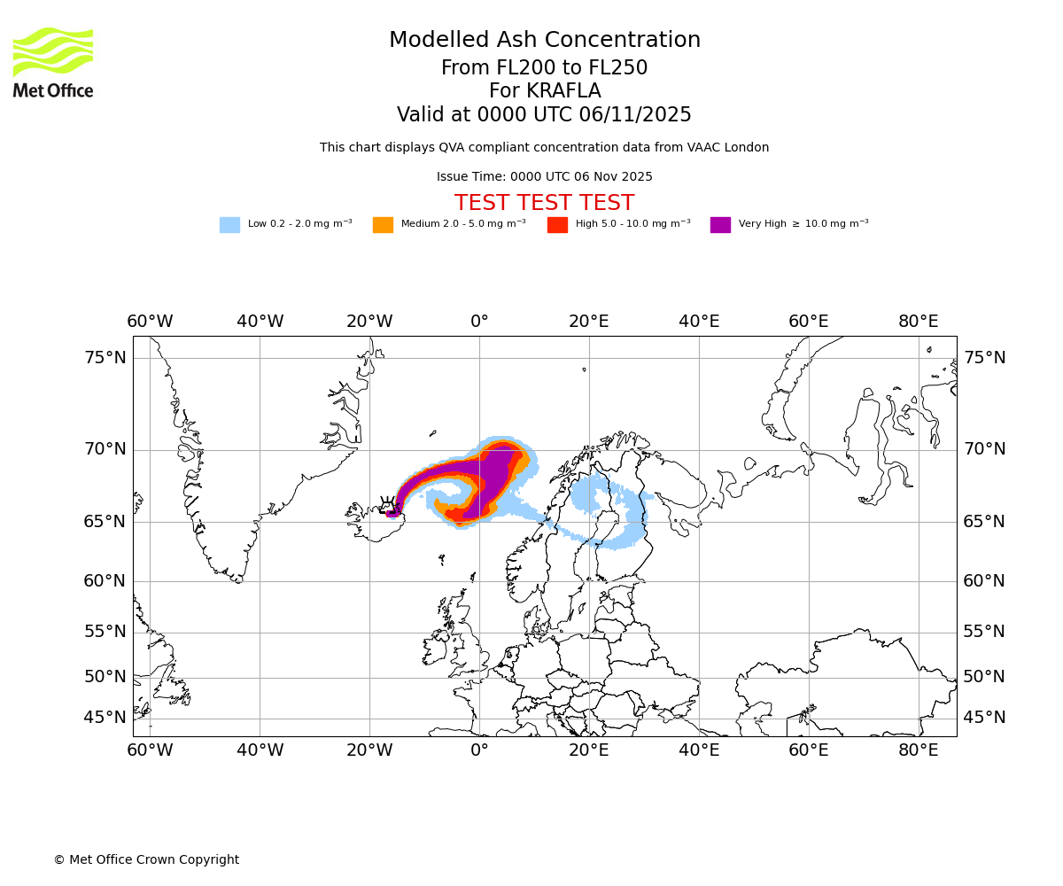 Modelled ash concentration from 200 to 250 for KRAFLA. Valid at 0000 UTC 06/11/2025