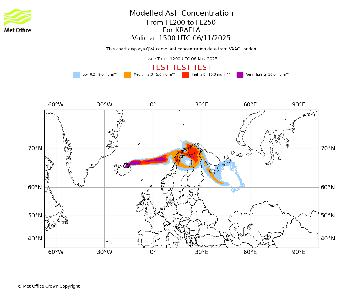 Modelled ash concentration from 200 to 250 for KRAFLA. Valid at 1500 UTC 06/11/2025