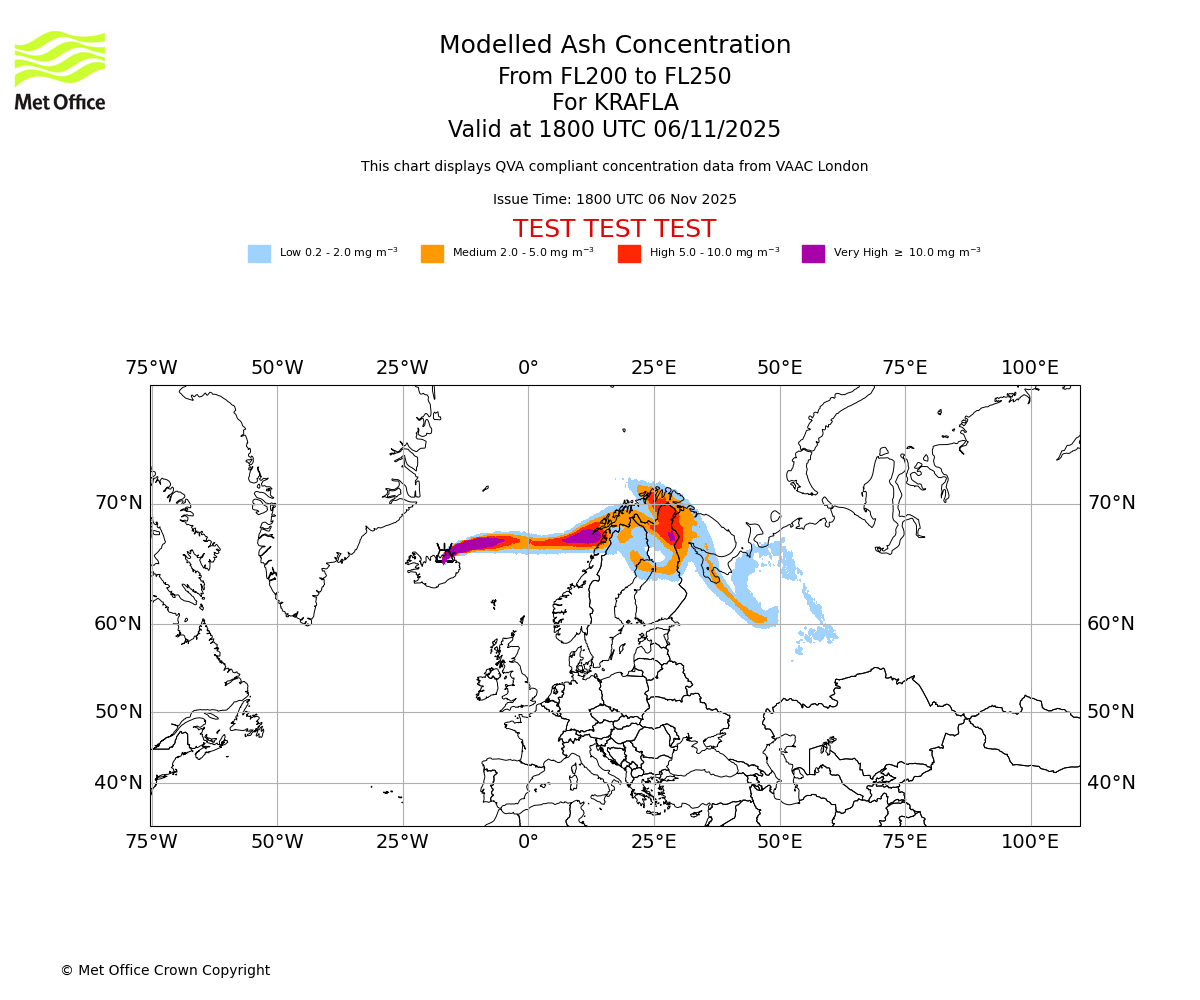 Modelled ash concentration from 200 to 250 for KRAFLA. Valid at 1800 UTC 06/11/2025