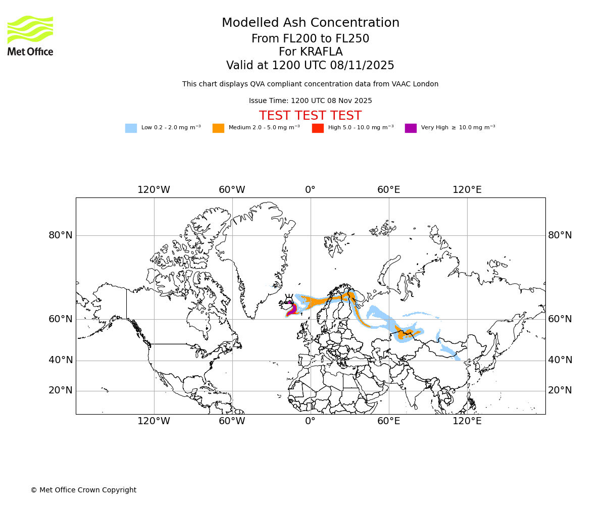 Modelled ash concentration from 200 to 250 for KRAFLA. Valid at 1200 UTC 08/11/2025