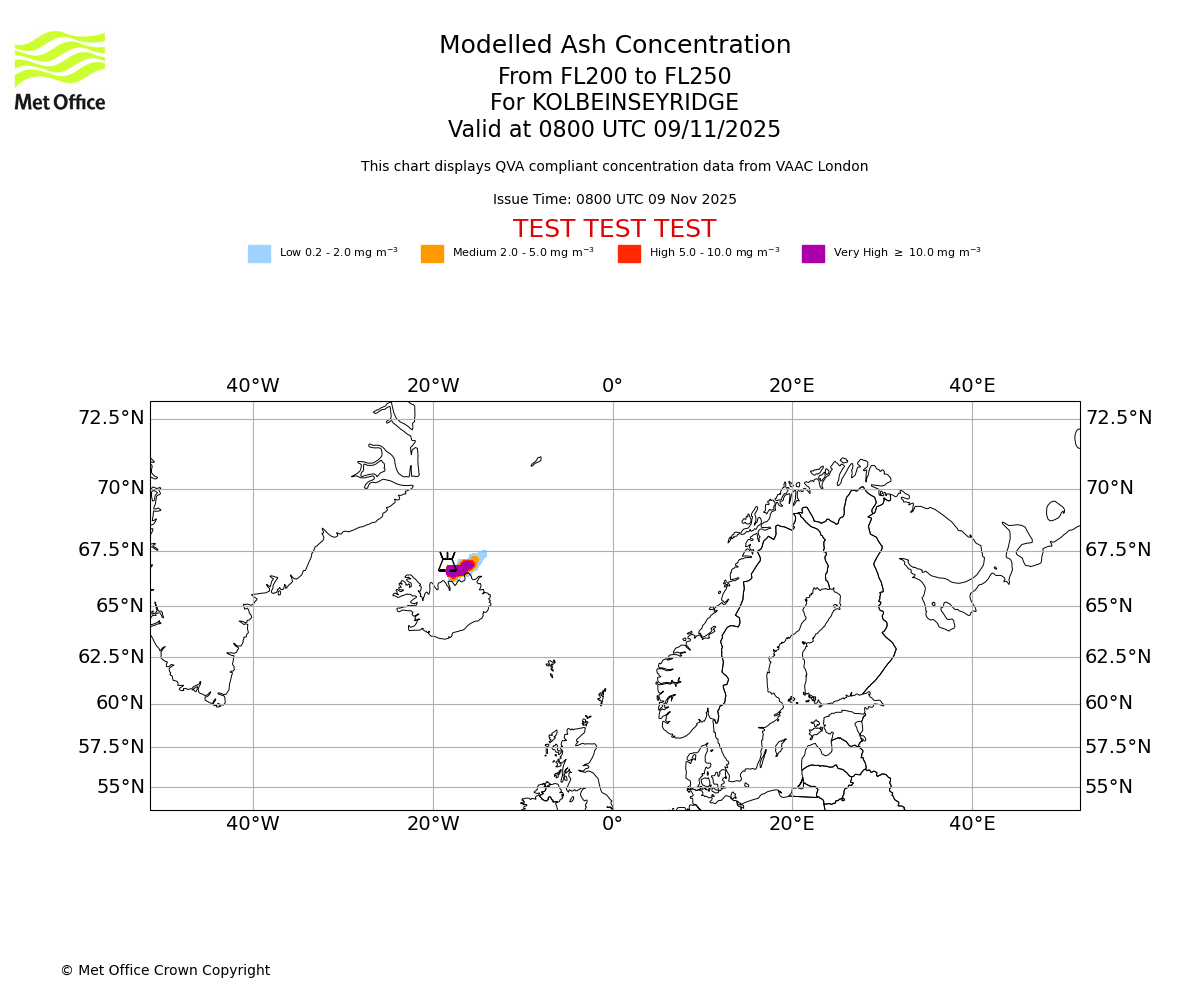 Modelled ash concentration from 200 to 250 for KOLBEINSEYRIDGE. Valid at 0800 UTC 09/11/2025