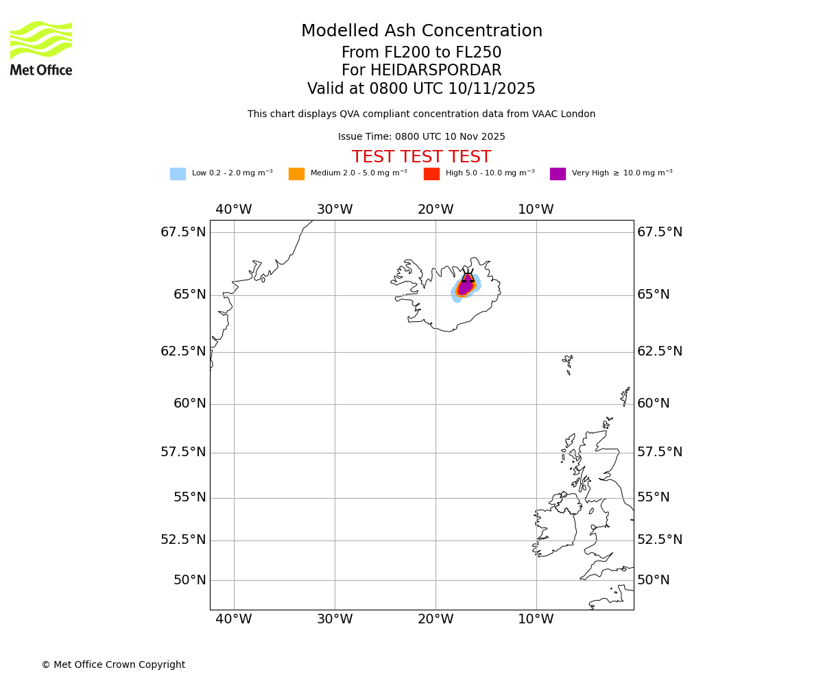 Modelled ash concentration from 200 to 250 for HEIDARSPORDAR. Valid at 0800 UTC 10/11/2025