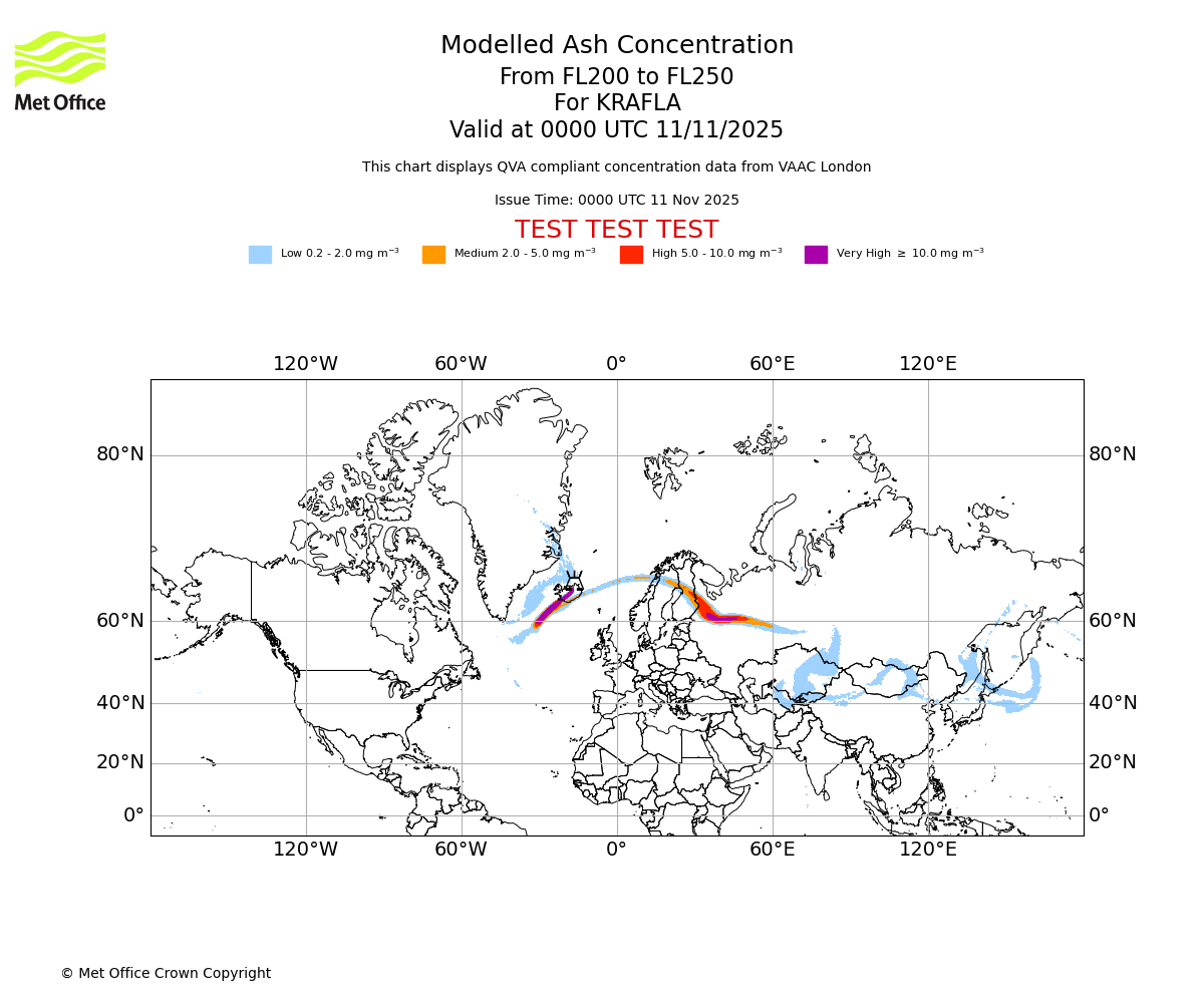 Modelled ash concentration from 200 to 250 for KRAFLA. Valid at 0000 UTC 11/11/2025