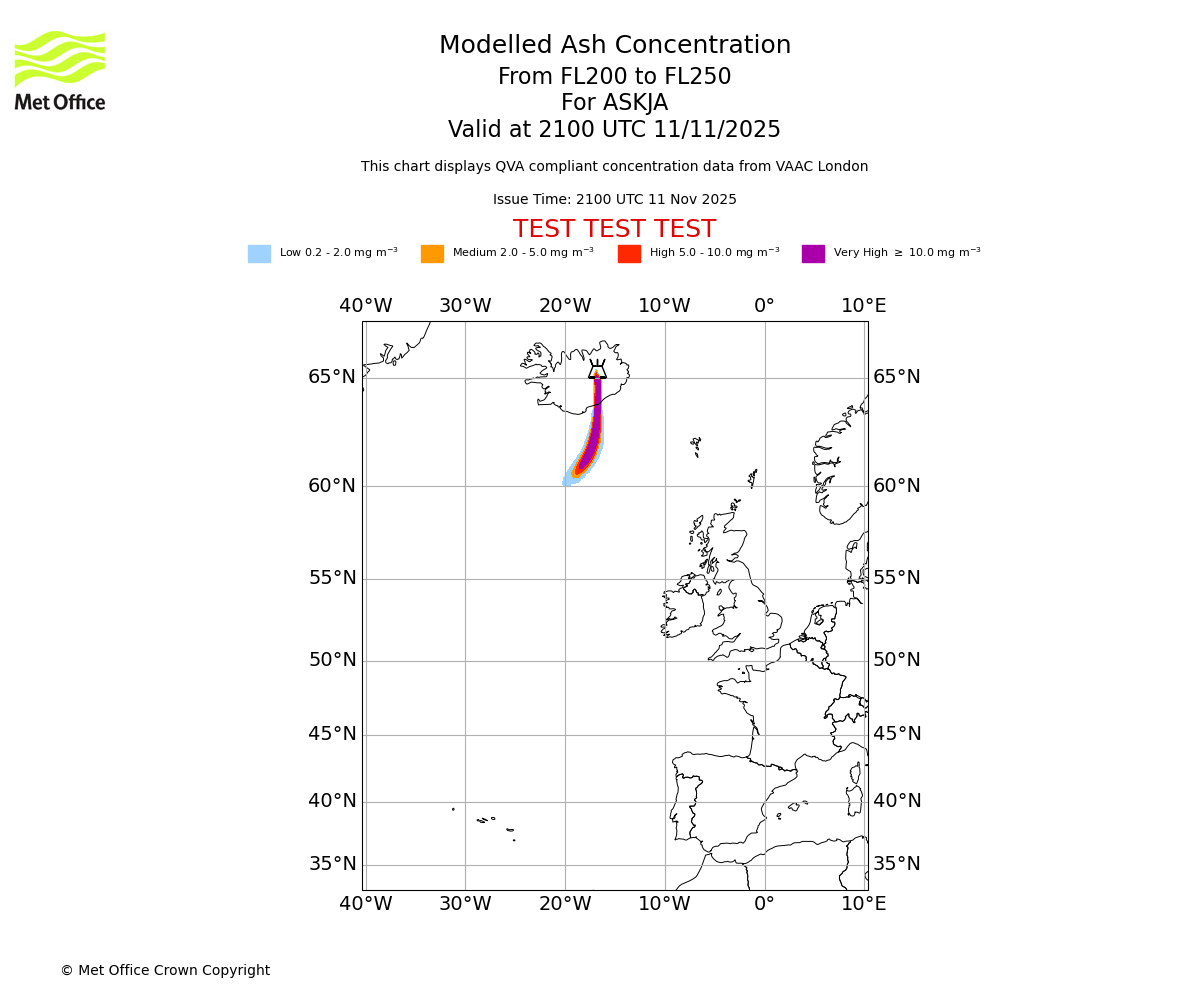 Modelled ash concentration from 200 to 250 for ASKJA. Valid at 2100 UTC 11/11/2025