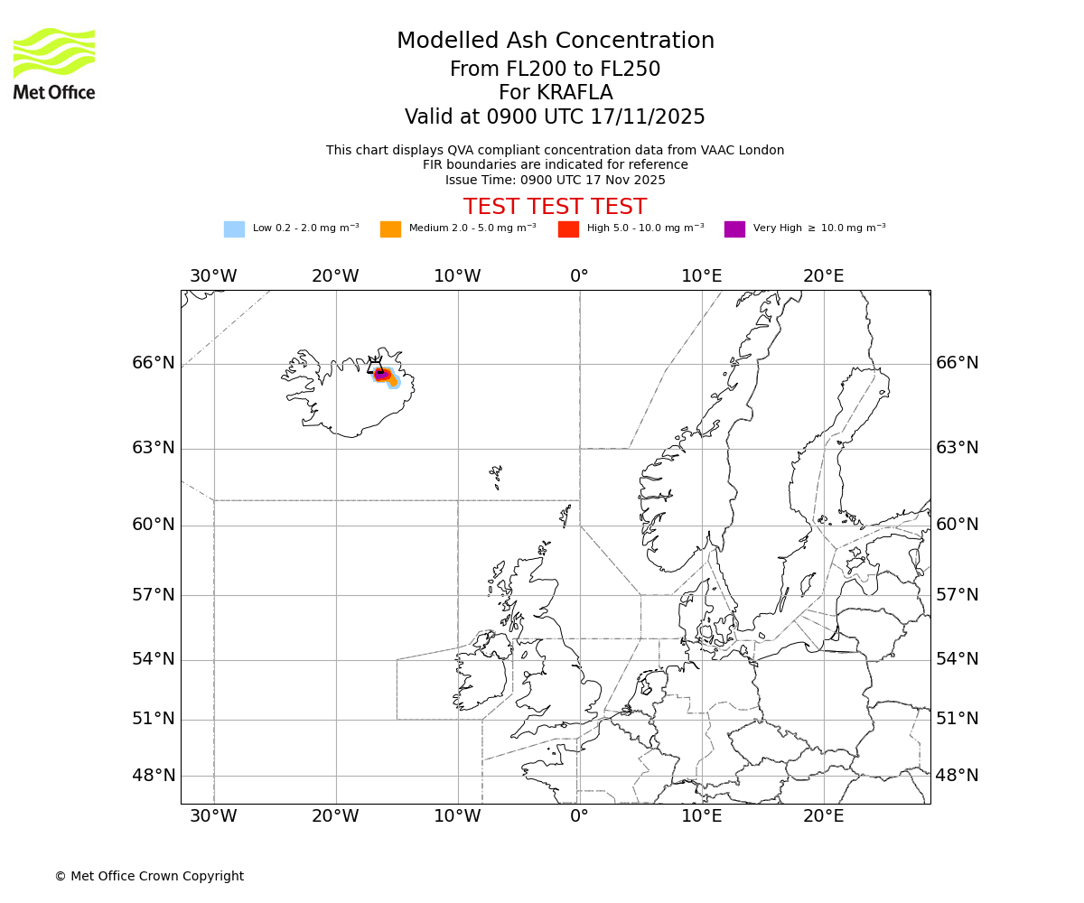 Modelled ash concentration from 200 to 250 for KRAFLA. Valid at 0900 UTC 17/11/2025