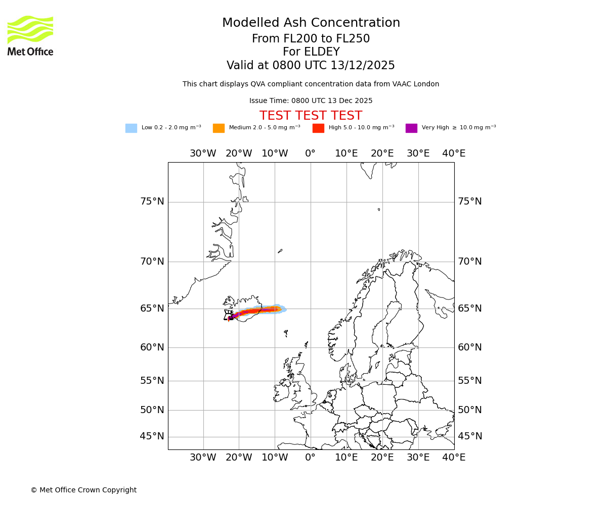 Modelled ash concentration from 200 to 250 for ELDEY. Valid at 0800 UTC 13/12/2025