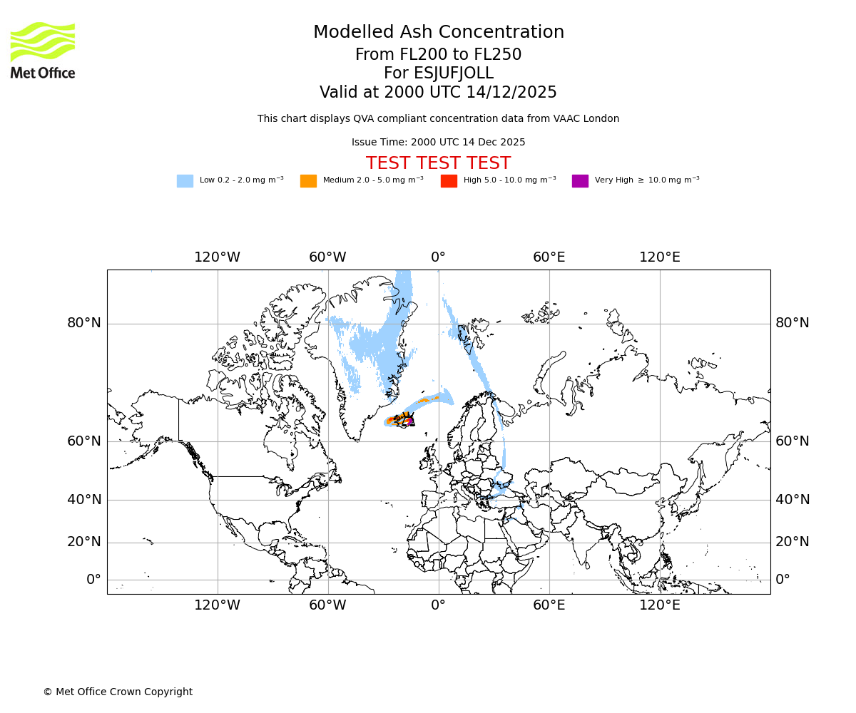 Modelled ash concentration from 200 to 250 for ESJUFJOLL. Valid at 2000 UTC 14/12/2025