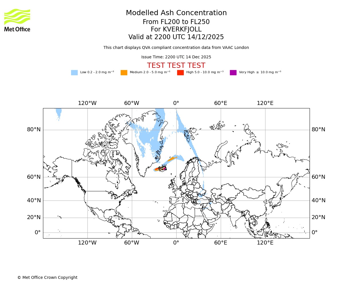 Modelled ash concentration from 200 to 250 for KVERKFJOLL. Valid at 2200 UTC 14/12/2025