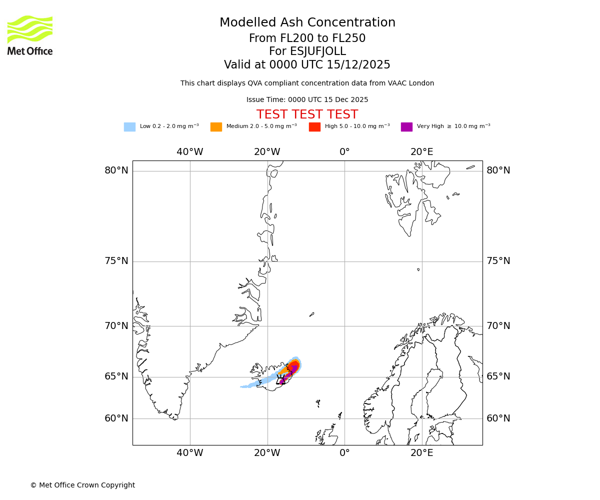 Modelled ash concentration from 200 to 250 for ESJUFJOLL. Valid at 0000 UTC 15/12/2025