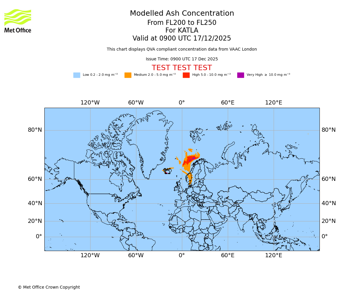 Modelled ash concentration from 200 to 250 for KATLA. Valid at 0900 UTC 17/12/2025