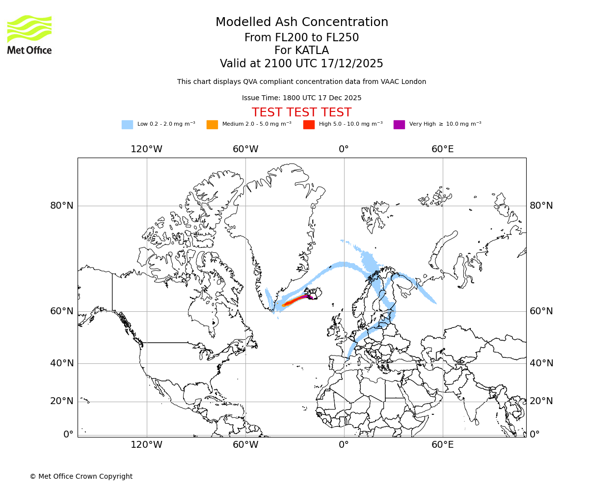Modelled ash concentration from 200 to 250 for KATLA. Valid at 2100 UTC 17/12/2025