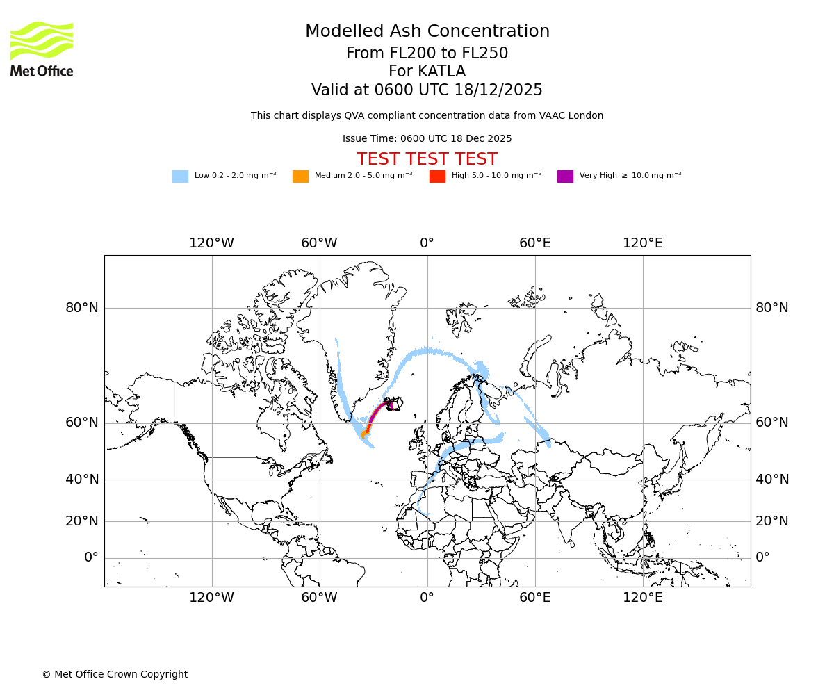 Modelled ash concentration from 200 to 250 for KATLA. Valid at 0600 UTC 18/12/2025