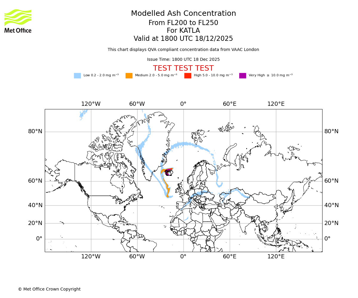 Modelled ash concentration from 200 to 250 for KATLA. Valid at 1800 UTC 18/12/2025