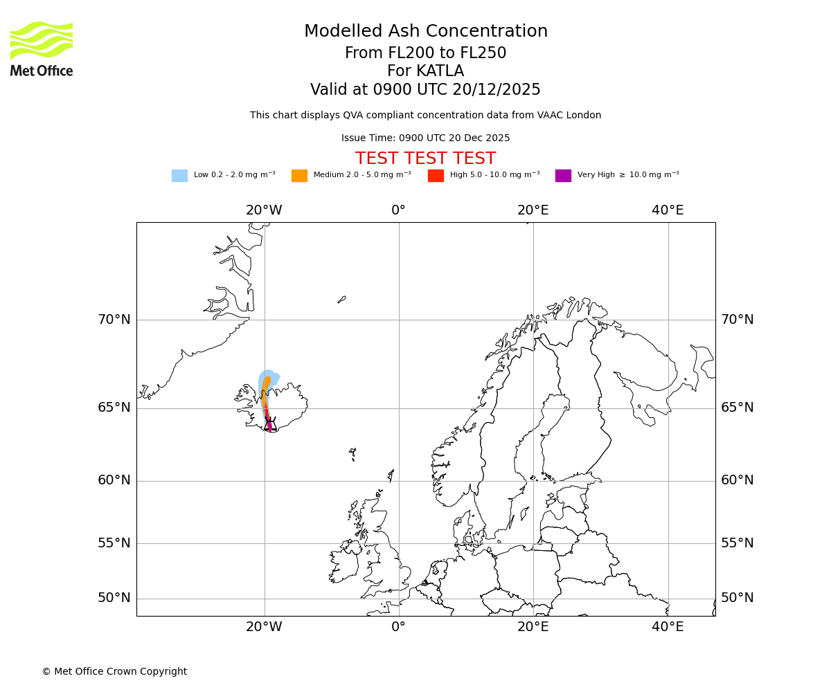 Modelled ash concentration from 200 to 250 for KATLA. Valid at 0900 UTC 20/12/2025