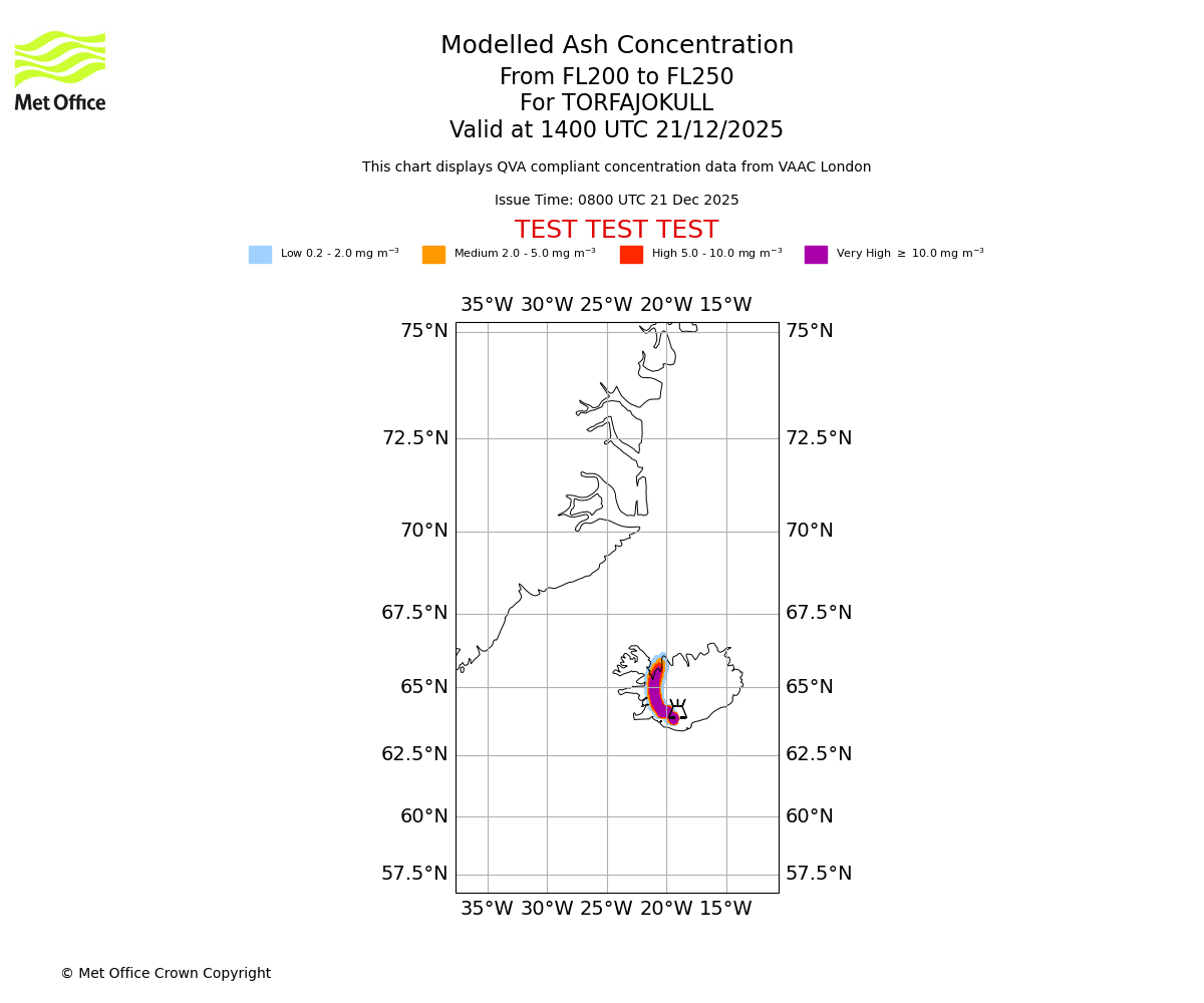 Modelled ash concentration from 200 to 250 for TORFAJOKULL. Valid at 1400 UTC 21/12/2025