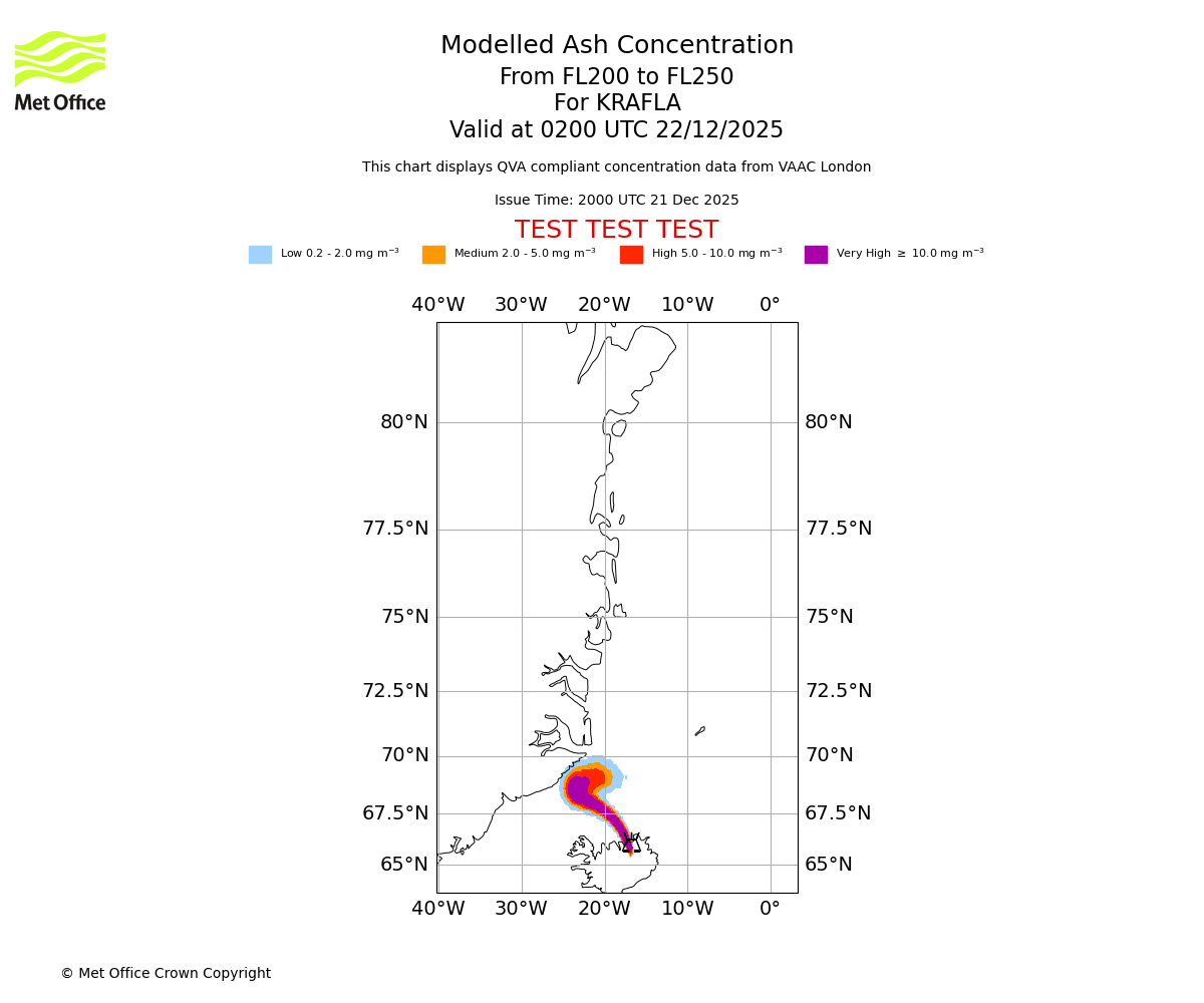 Modelled ash concentration from 200 to 250 for KRAFLA. Valid at 0200 UTC 22/12/2025