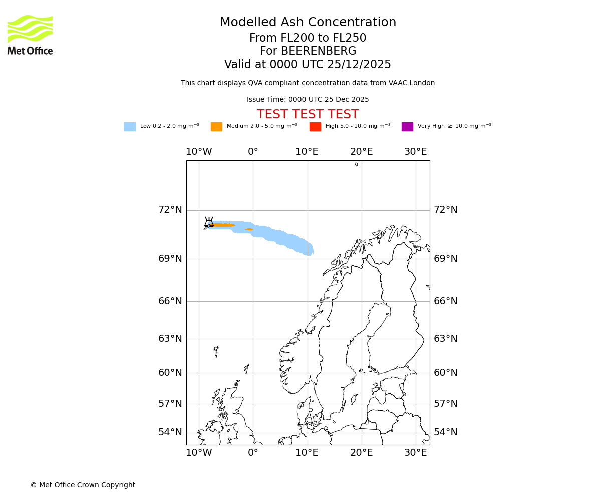 Modelled ash concentration from 200 to 250 for BEERENBERG. Valid at 0000 UTC 25/12/2025