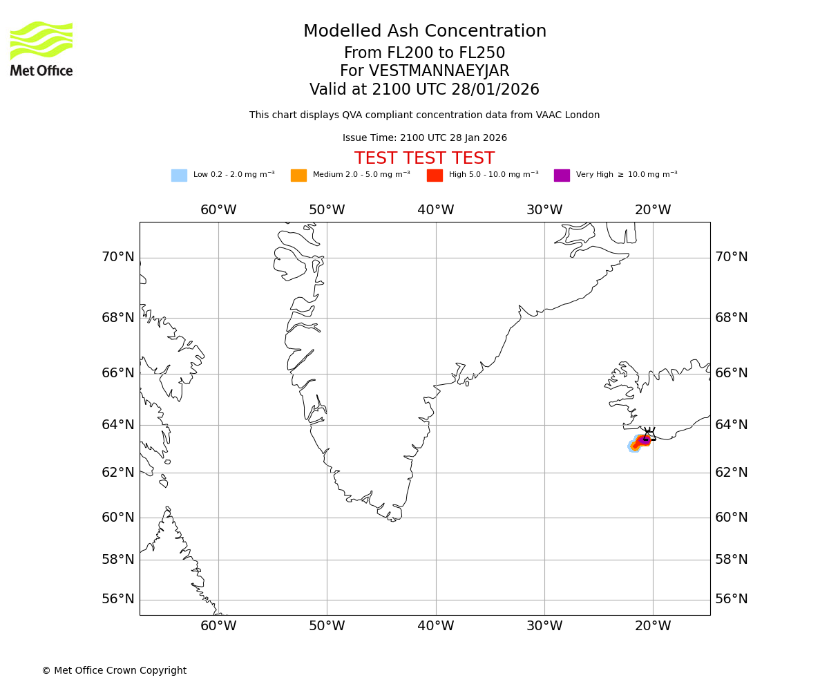 Modelled ash concentration from 200 to 250 for VESTMANNAEYJAR. Valid at 2100 UTC 28/01/2026