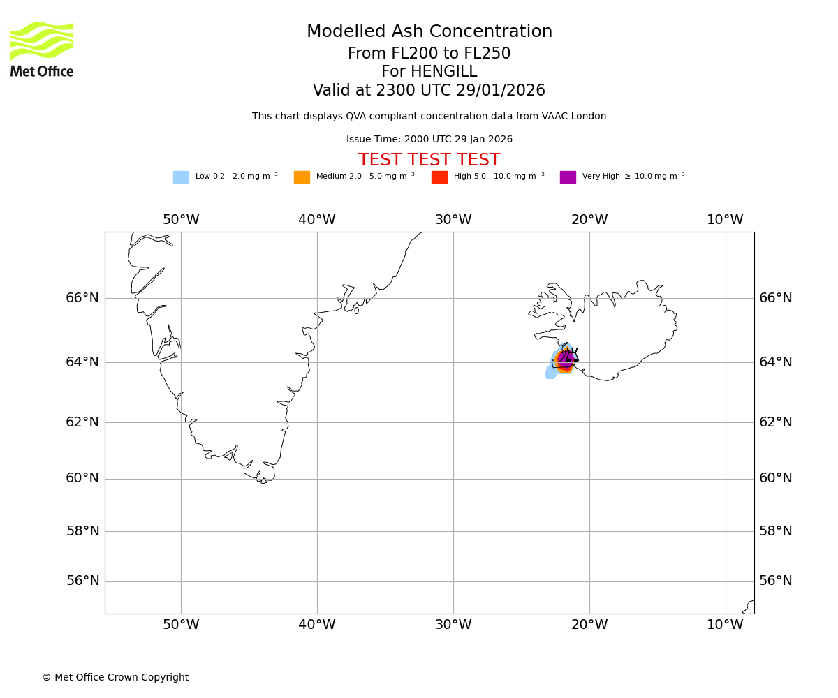 Modelled ash concentration from 200 to 250 for HENGILL. Valid at 2300 UTC 29/01/2026