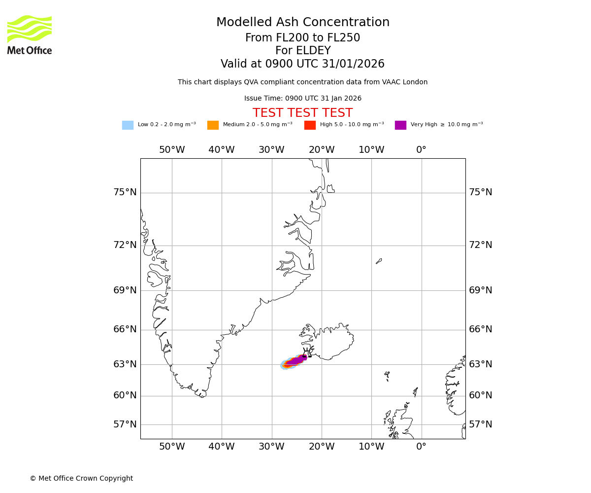 Modelled ash concentration from 200 to 250 for ELDEY. Valid at 0900 UTC 31/01/2026
