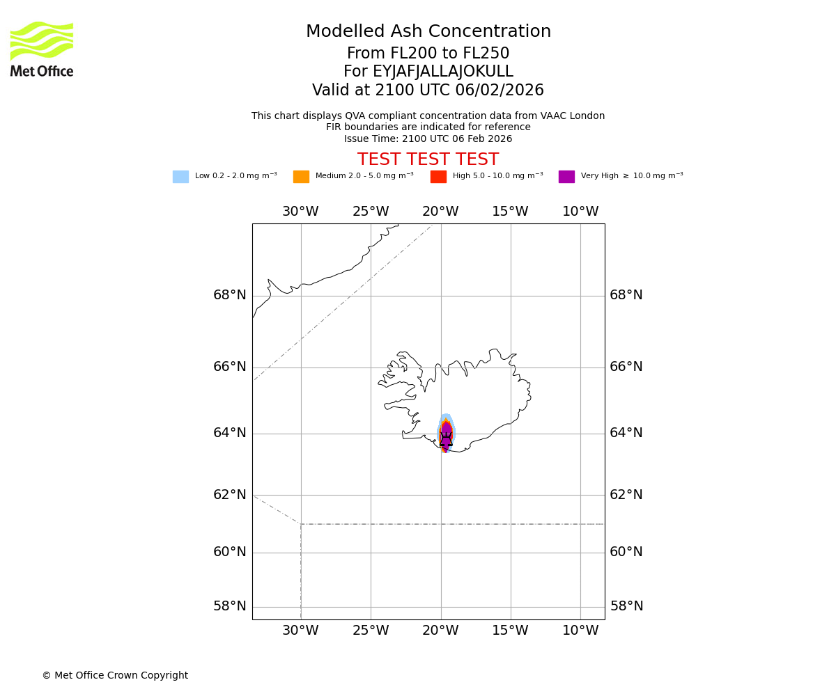 Modelled ash concentration from 200 to 250 for EYJAFJALLAJOKULL. Valid at 2100 UTC 06/02/2026