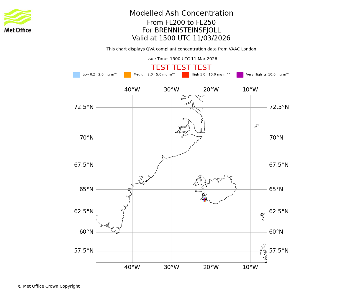 Modelled ash concentration from 200 to 250 for BRENNISTEINSFJOLL. Valid at 1500 UTC 11/03/2026