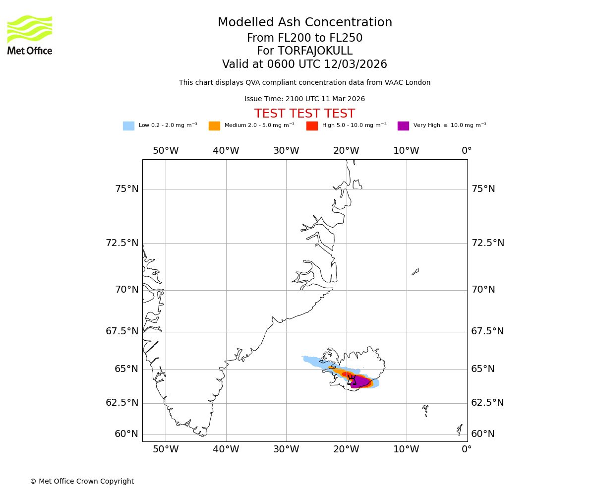 Modelled ash concentration from 200 to 250 for TORFAJOKULL. Valid at 0600 UTC 12/03/2026