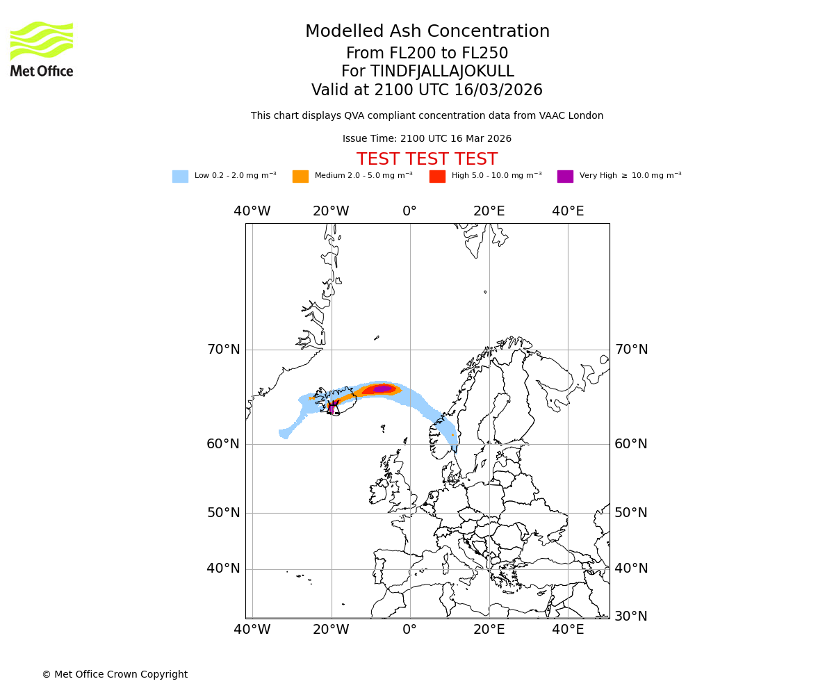 Modelled ash concentration from 200 to 250 for TINDFJALLAJOKULL. Valid at 2100 UTC 16/03/2026