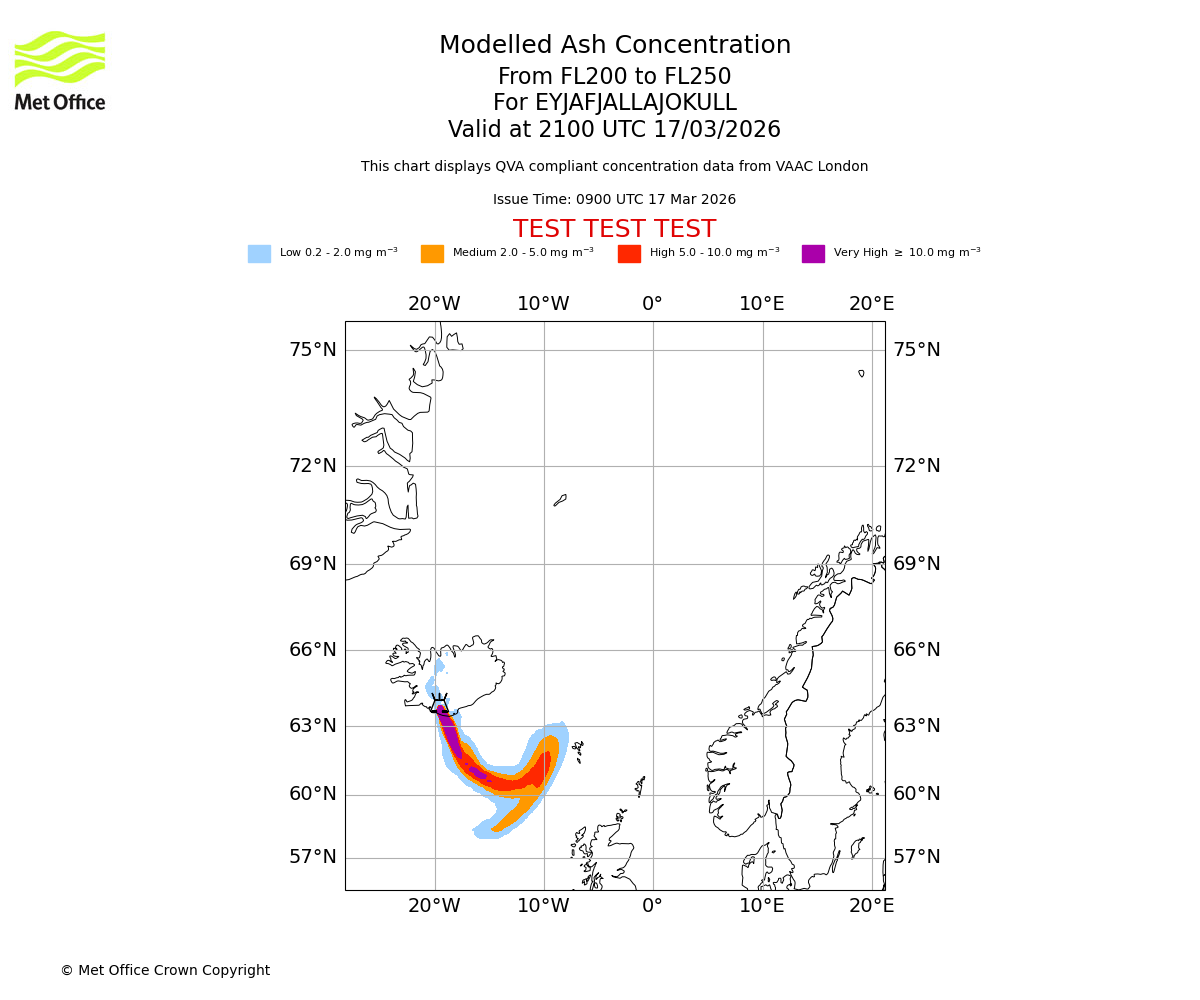 Modelled ash concentration from 200 to 250 for EYJAFJALLAJOKULL. Valid at 2100 UTC 17/03/2026